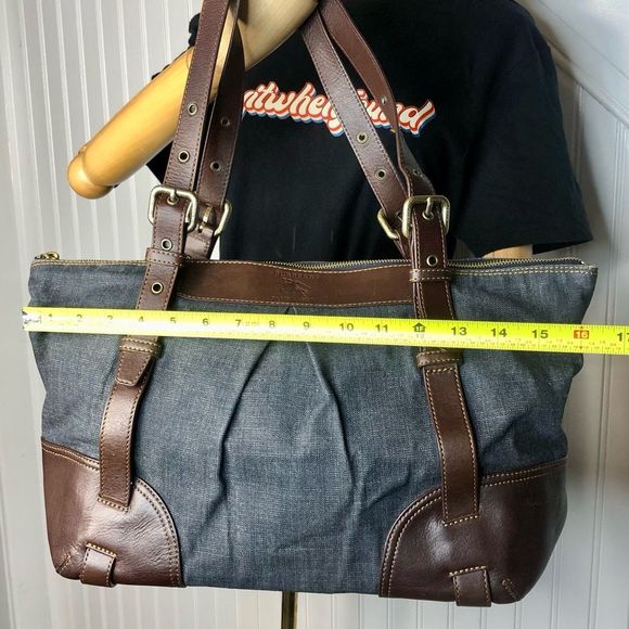 BURBERRY BLUE LABEL Denim Top Zip Shoulder Bag w/ Adj Brown Leather Straps RARE - Picture 10 of 17